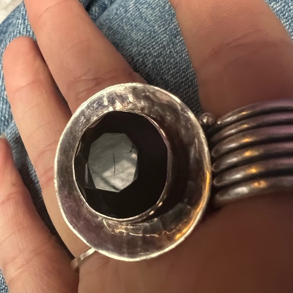 Vintage Large Obsidian Hammered Sterling Silver round Ring size 7 big huge - Picture 8 of 8